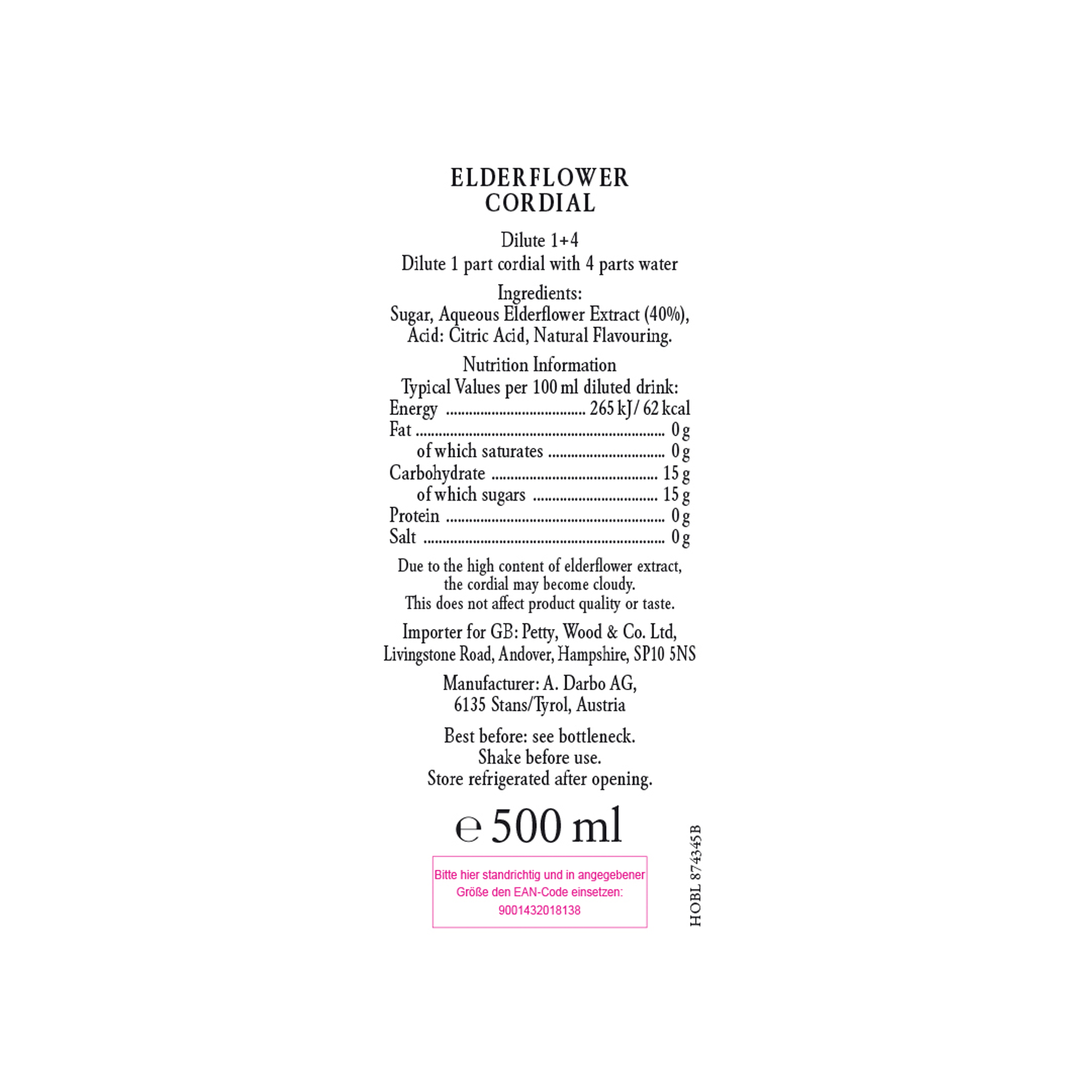 ELDERFLOWER CORDIAL 6X500ML ELDERFLOWER CORDIAL 6X500ML