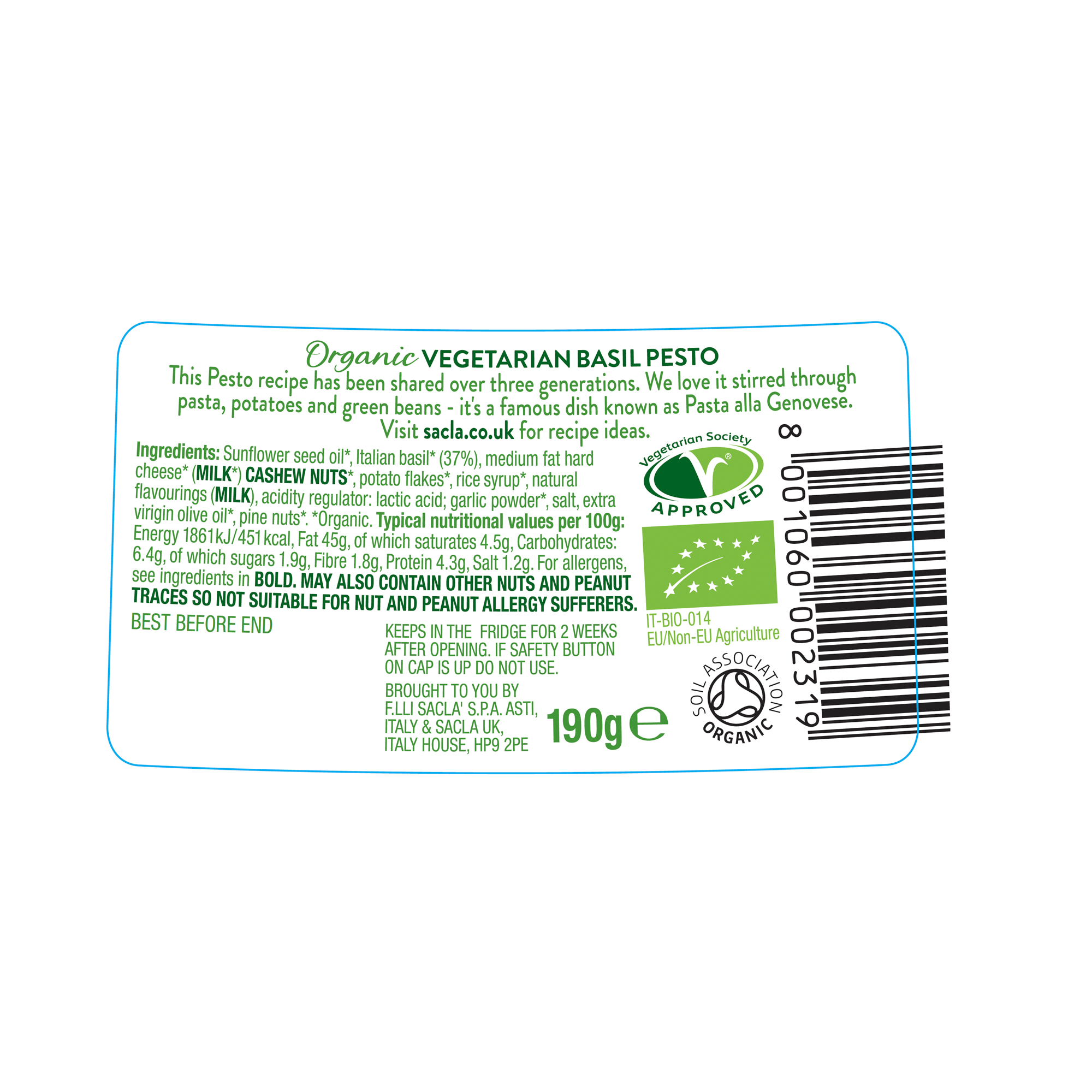 ORG VEGETARIAN BASIL PESTO 6X190G